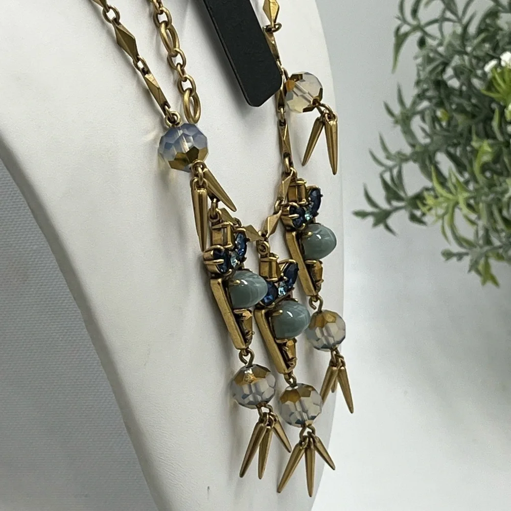 J. Crew Gold Tone Blue Aurora Borealis Blue Cabochon Spike Long Necklace New‎